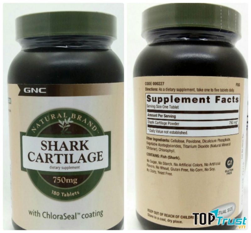 GNC Natural Brand Shark Cartilage 750 mg có thành phần chính là sụn cá mập.