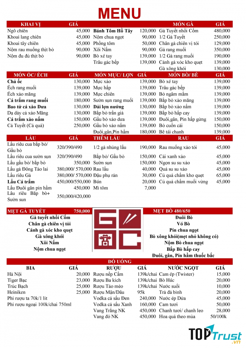 Menu tham khảo Góc Hà Nội