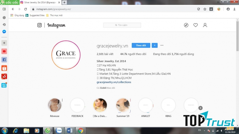 Kênh Instagram của Grace Jewelry