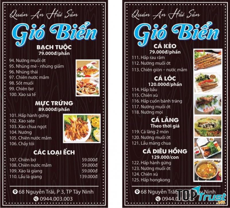 Menu nhà hàng Gió Biển