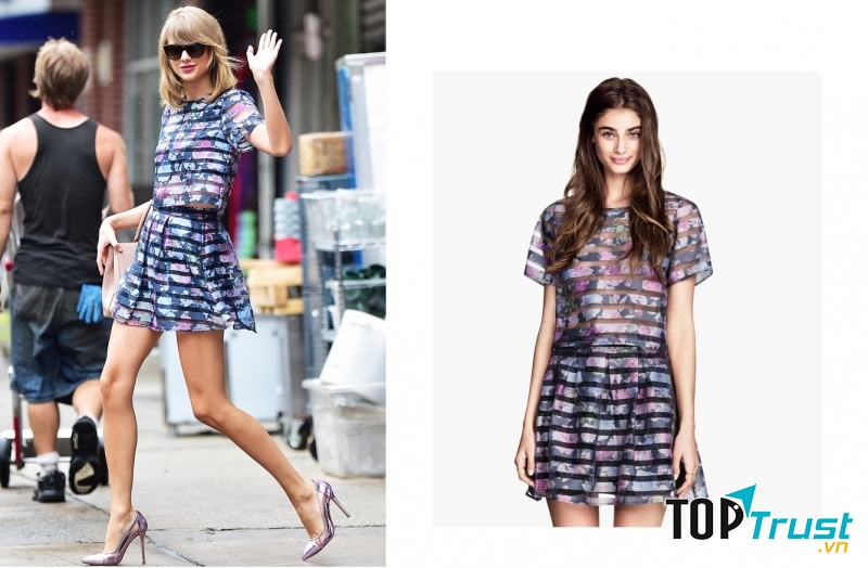 Taylor Swift từng xuống phố với một set đồ matchy-matchy họa tiết hoa vô cùng trẻ trung và tươi tắn. Đây là sản phẩm của H&M được bán riêng rẽ crop top và chân váy với tổng giá chỉ 55$ (hơn 1 triệu VNĐ).
