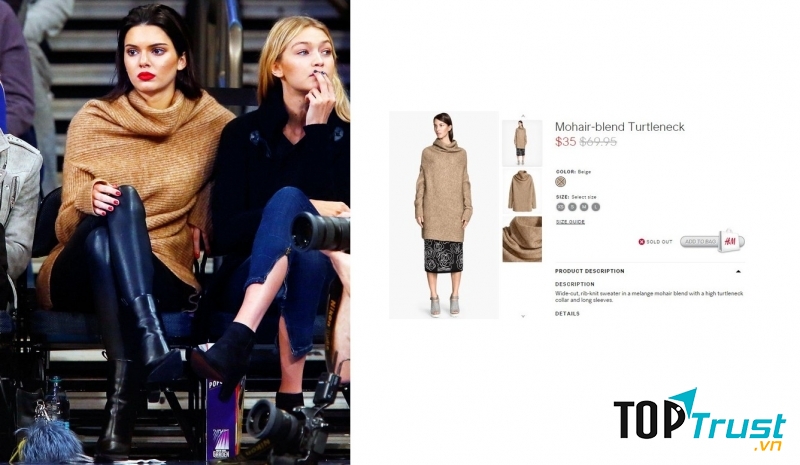 Chiếc áo len oversized rất trendy mà Kendal Jenner mặc đến từ nhãn hàng bình dân H&M. Chiếc áo len oversized màu beige rất sang trọng này có giá gốc 69,95$ (~ 1,5 triệu VNĐ) và từng được giảm giá xuống một nửa.