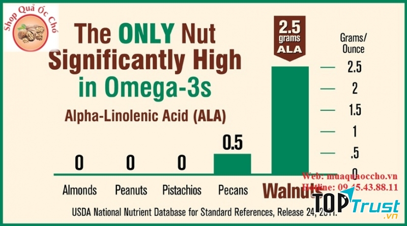 Bảng so sánh hàm lương Omega 3 của quả óc chó