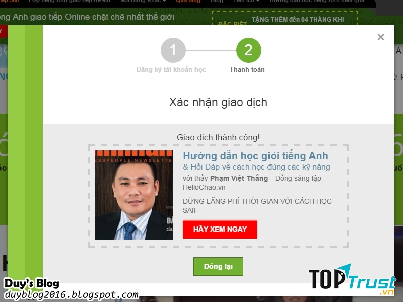 Hình ảnh xác nhận giao dịch mua khóa học của Hellochao