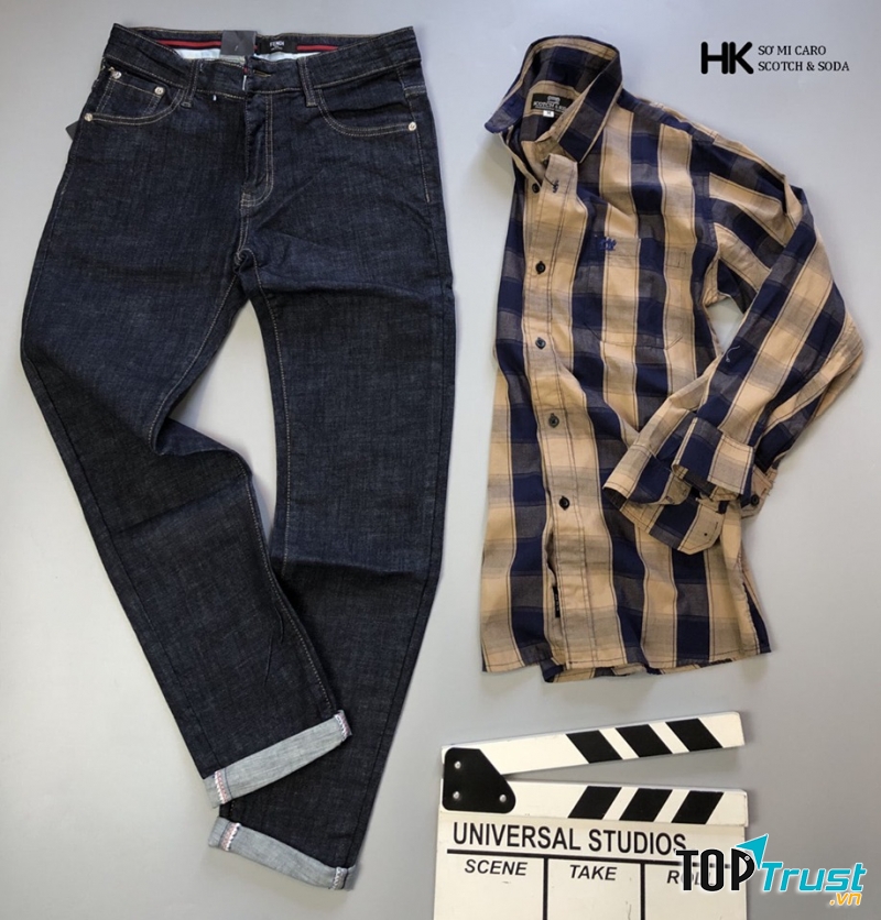 Set áo sơ mi kẻ ka rô, quần jean