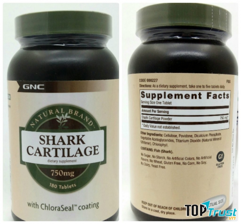 ﻿Hỗ trợ xương khớp Sụn Vi Cá GNC Shark Cartilage 750mg 180 Viên Của Mỹ