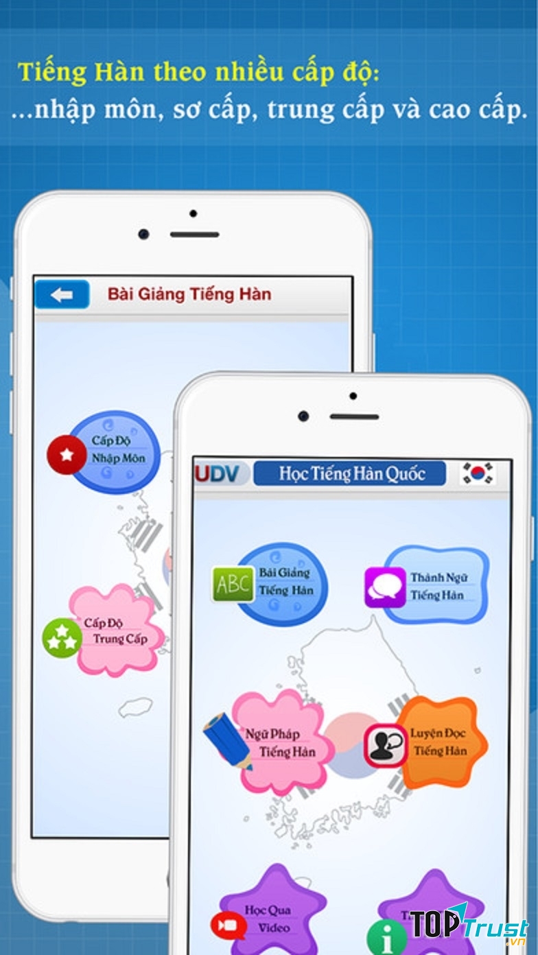 Giao diện chính của ứng dụng Học tiếng Hàn