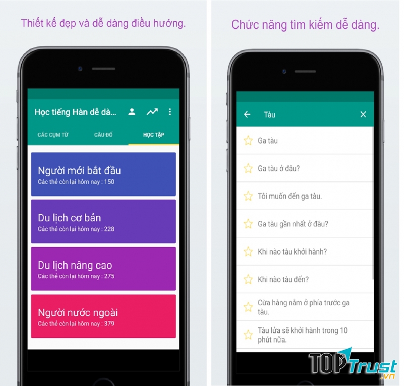 Thiết kế đẹp và dễ dàng tìm kiếm cùng Ứng dụng Học tiếng hàn dễ dàng