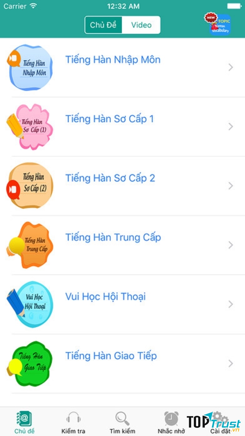 Giao diện của ứng dụng Học tiếng Hàn hàng ngày - Giao tiếp hội thoại - Awabe