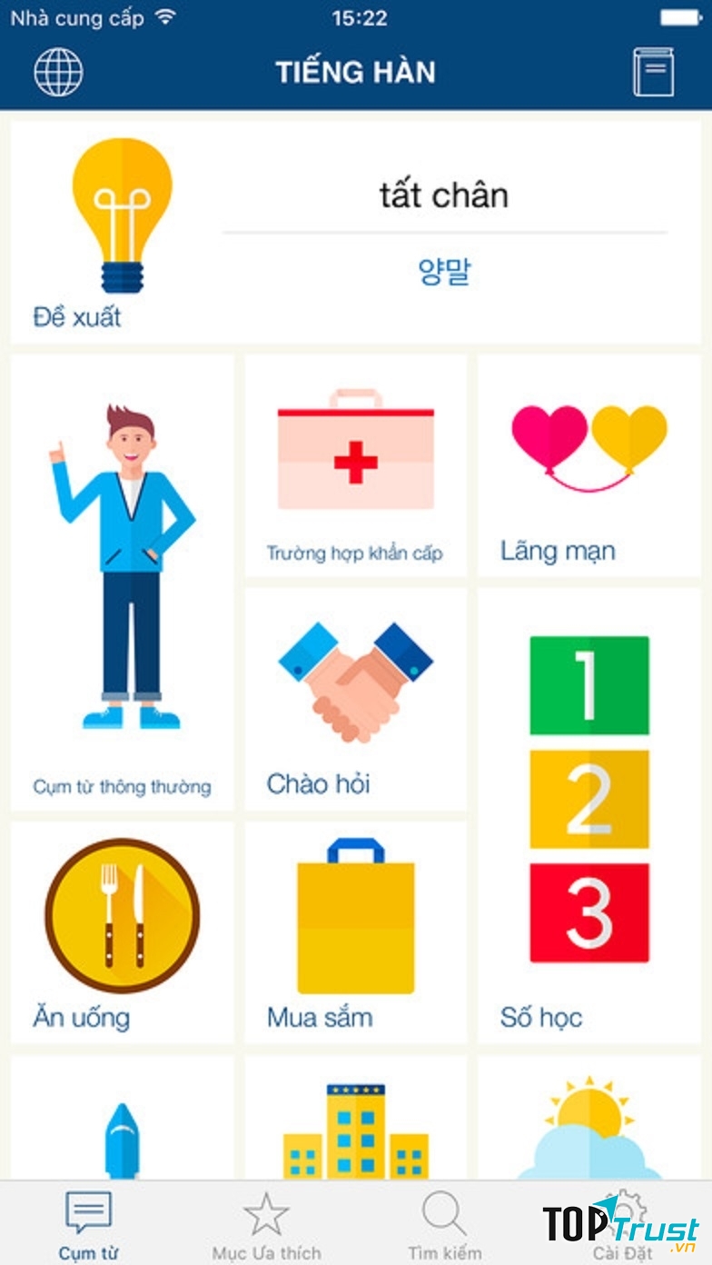 Giao diện chính của ứng dụng Học tiếng Hàn miễn phí