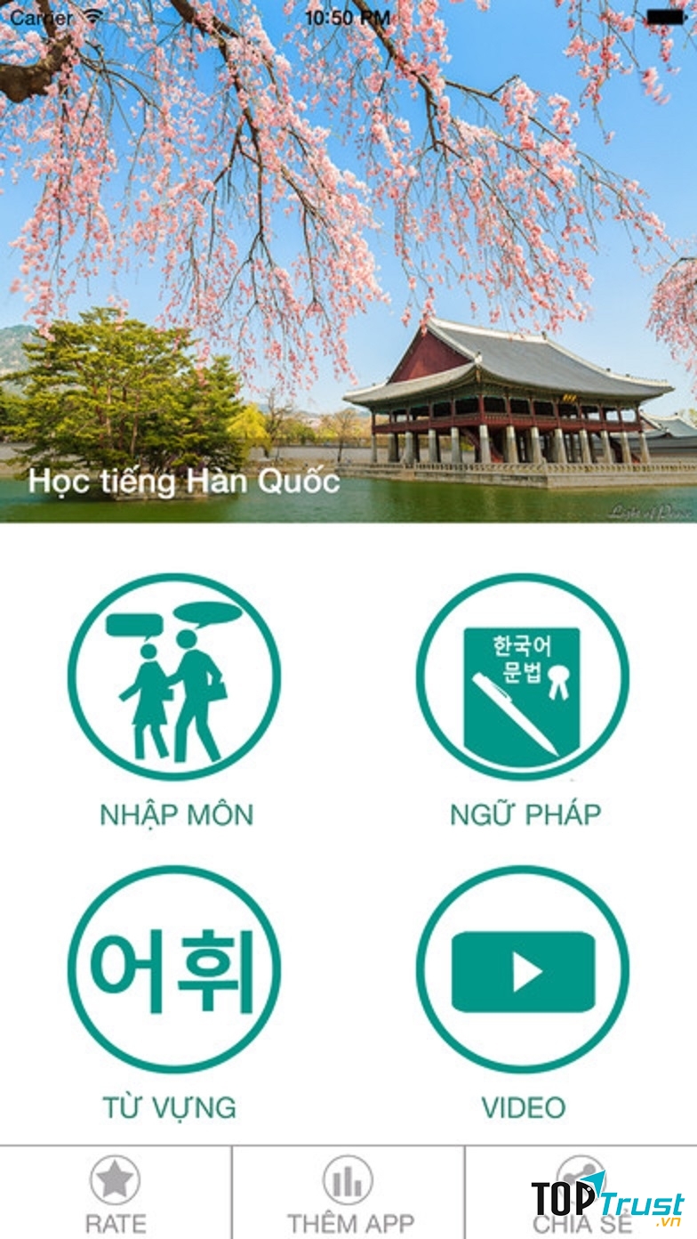 Giao diện chính của ứng dụng Học tiếng Hàn Quốc