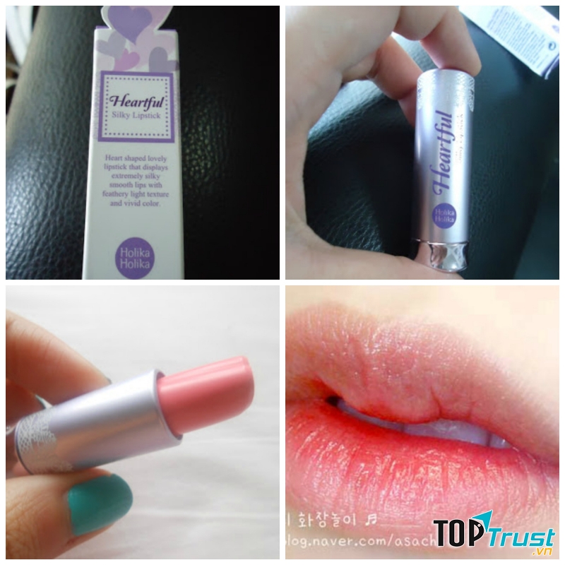  Holika Holika Heartful Silky Lipstick lên màu cực chuẩn, chứa nhiều dưỡng chất cần thiết giúp đôi môi mềm mịn như lụa, căng mọng, tạo cảm giác thoải mái, không gây nhờn rít,