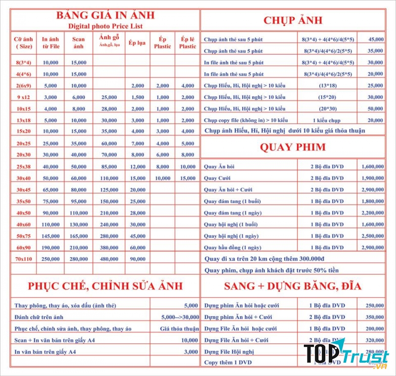 Bảng giá dịch vụ chụp ảnh tại Hồng Vân Digital