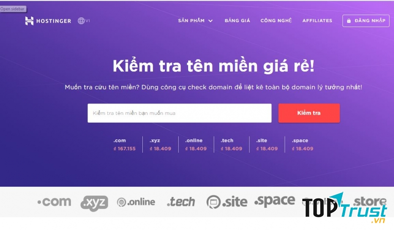 Giao diện kiểm tra tên miền trên Hostinger: