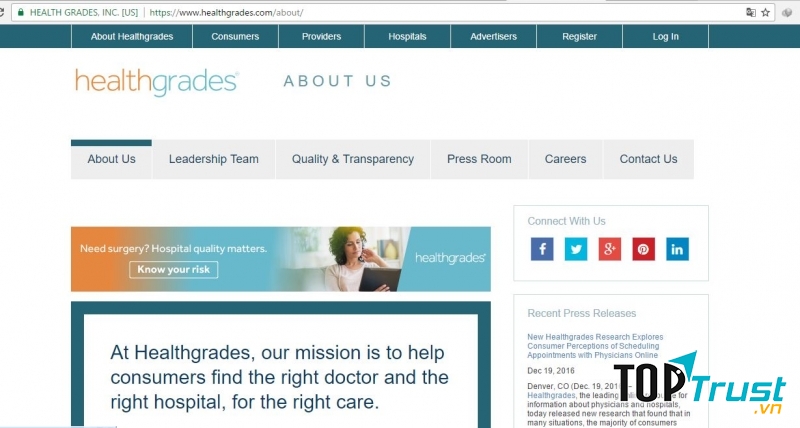 Giao diện trang chủ của web https://www.healthgrades.com.