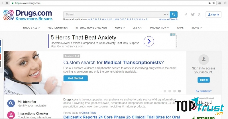 Giao diện của trang chủ của drugs.com