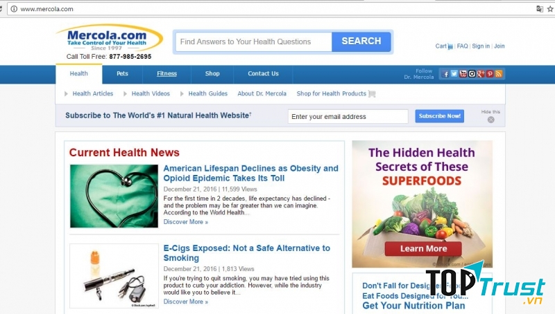 Giao diện của trang web mercola.com