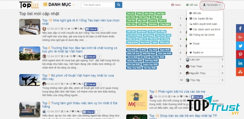 Click vào ô tài khoản rồi click vào phần bất kỳ( viết bài, các danh sách đã tạo...)