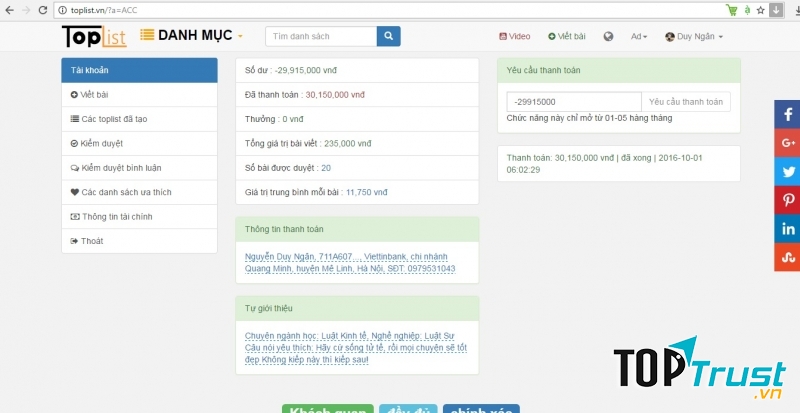 Cập nhật thông tin thanh toán và giới thiệu bản thân