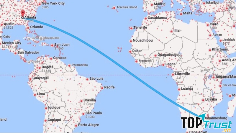 Bạn sẽ tốn 16 tiếng 40 phút để bay xuyên qua Đại Tây Dương như thế này.