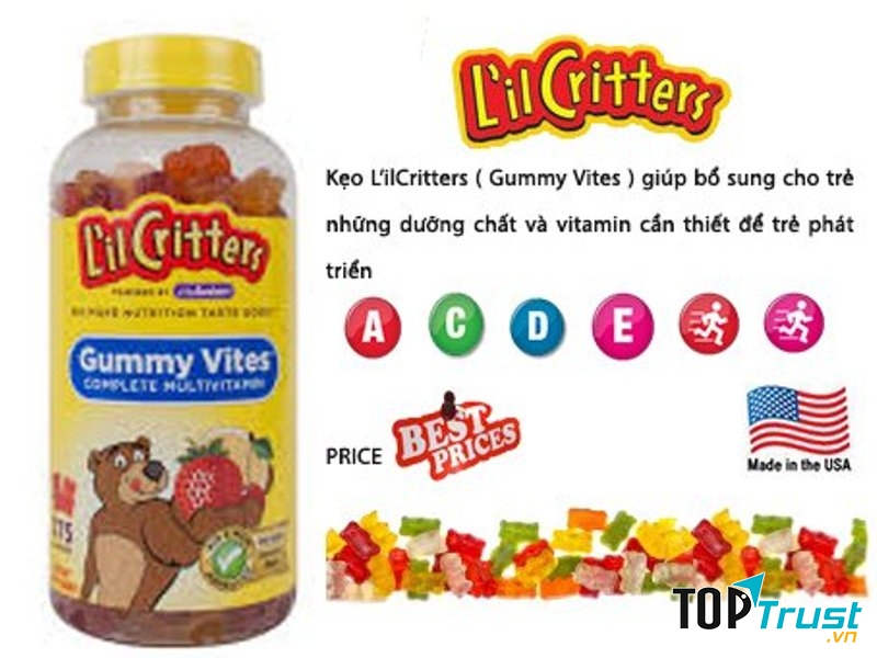 Kẹo Gummy Vites cung cấp cho trẻ các vitamin A, C, D, E, B6, B12… và các khoáng chất axit folic, biotin, iod, kẽm, choline… Giúp trẻ nâng cao hệ miễn dịch, phòng ngừa các bệnh do thiếu vitamin, đồng thời cải thiện chế độ dinh dưỡng của trẻ, giúp trẻ ăn ngon miệng hơn và khỏe mạnh hơn.