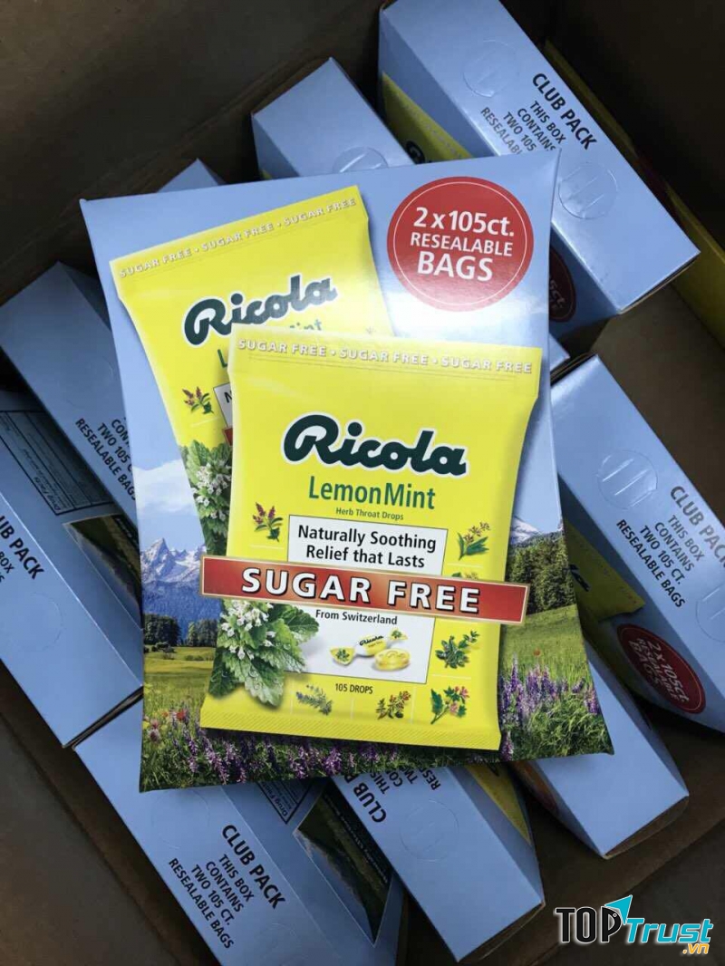 ﻿Kẹo ngậm thông cổ Ricola không đường Ricola Lemon Mint Sugar Free 105 viên