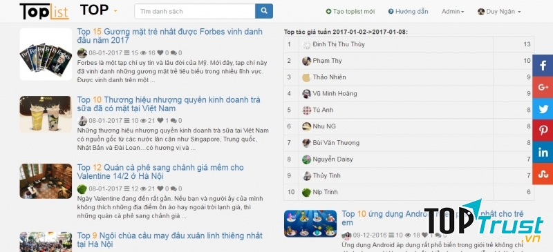 Kết quả 4 cuộc thi hàng tuần đang được tổ chức trên toplist.vn(2-8/1/2017)