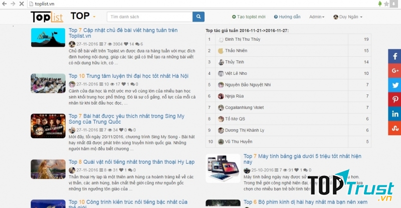 Kết quả ba cuộc thi hàng tuần đang được tổ chức trên (21-27/11/2016)