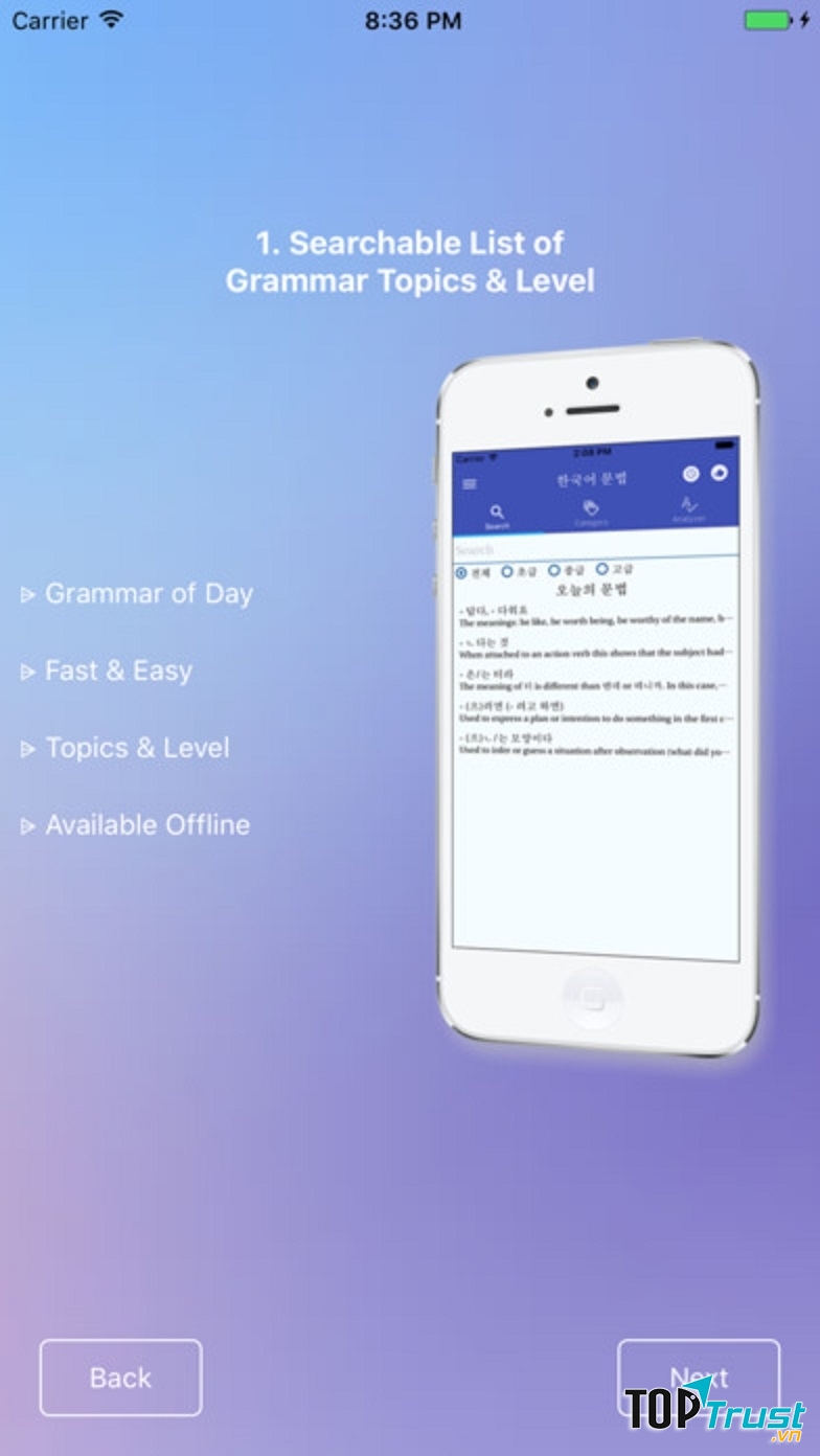 Giao diện của ứng dụng kGrammar - Ngữ pháp tiếng Hàn thực dụng