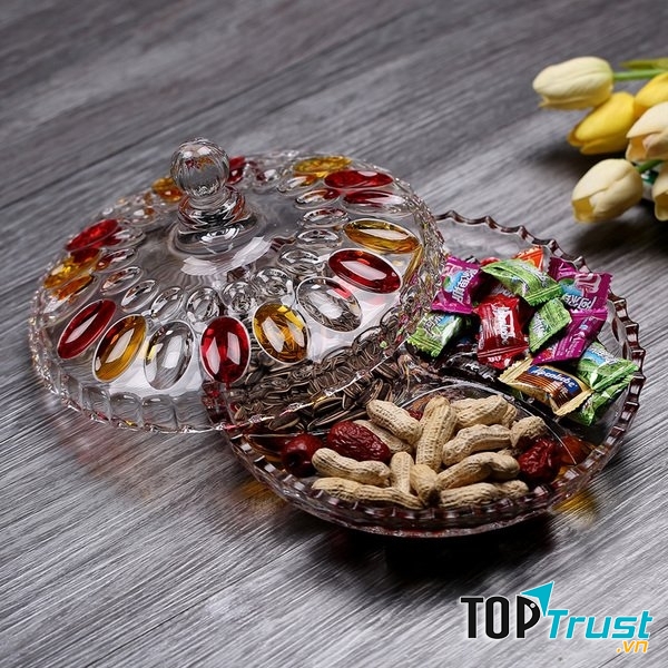 Khay đựng mứt kẹo Tết bằng thủy tinh 3 ngăn