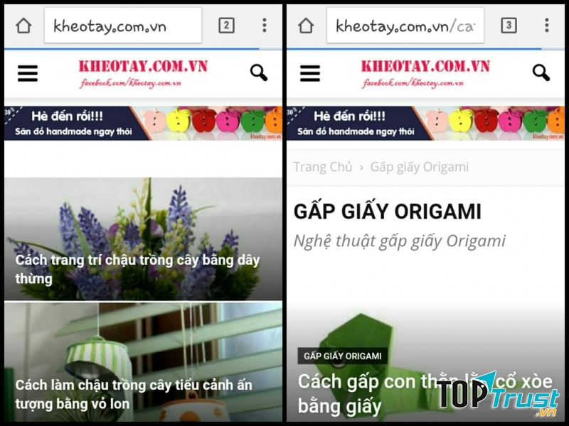Trang chủ của Kheotay.com và chuyên mục origami