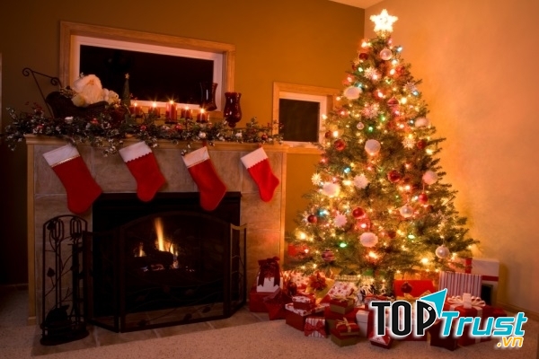 Cây thông cổ điển bên cạnh lò sưởi đem đến không khí Giáng sinh ấm áp