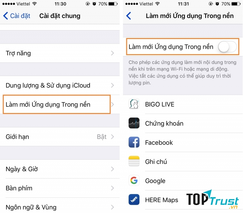 Vô hiệu hóa tính năng làm mới ứng dụng trong nền