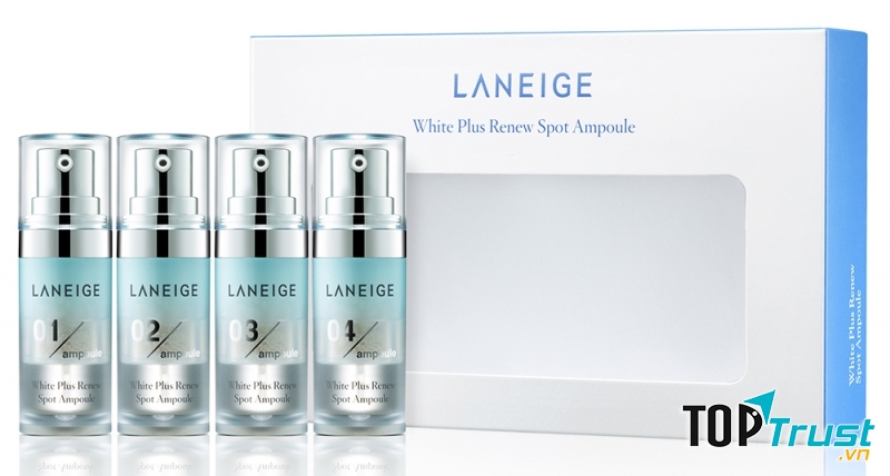 Sản phẩm gồm 4 ống White Plus Renew Spot Ampoule chứa những tinh thể làm sáng da và vitamin C
