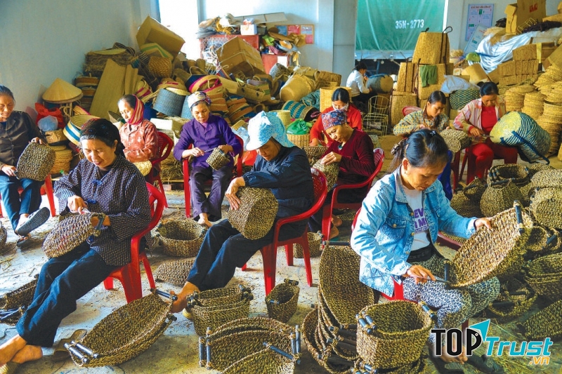 Những người dân đang cần mẫn ngồi làm cói