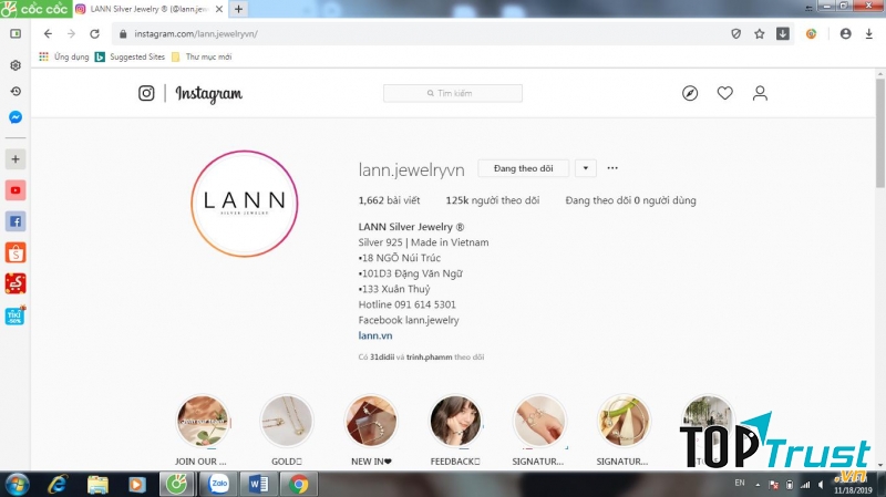 Kênh Instagram của Lann Jewelry
