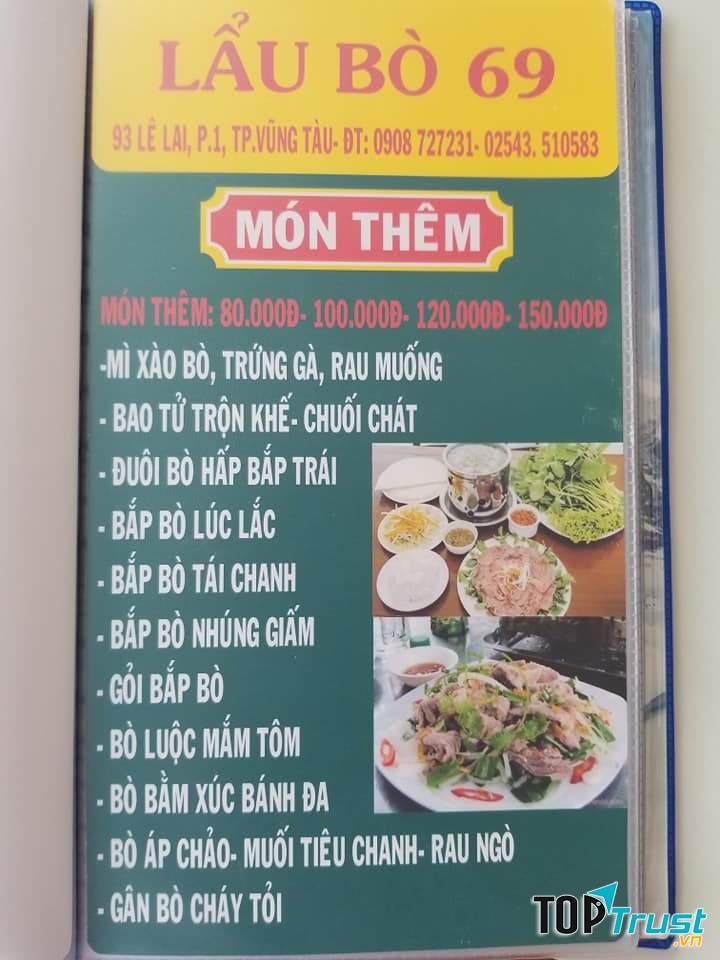 Menu của Lẩu Bò 69