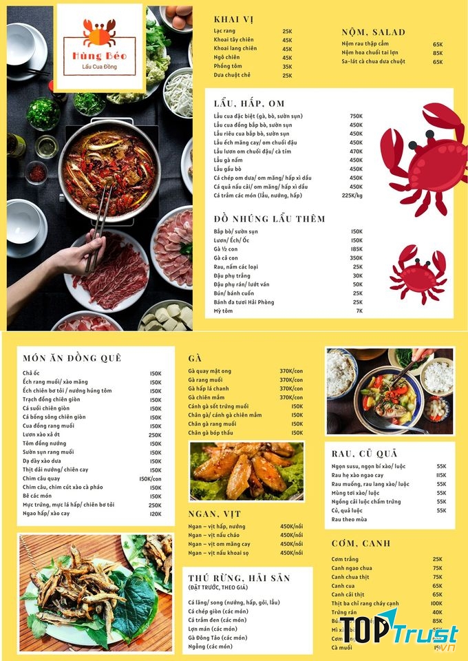 Menu quán Hùng Béo