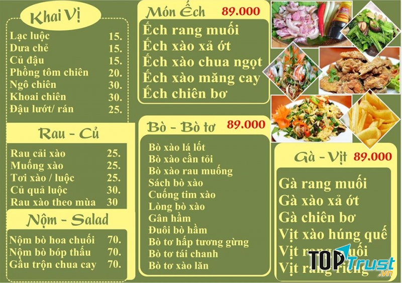 Menu quán đa dạng, giá cả phải chăng