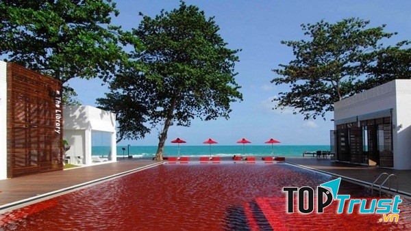 Nước có màu đỏ là do sử dụng đá lát sàn bể bơi từ gạch đỏ, vàng và da cam