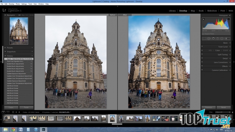 Giao diện Lightroom đang chỉnh sửa ảnh chụp