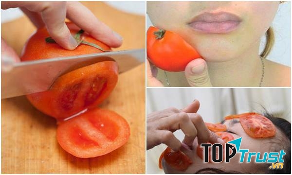 Lấy vài miếng cà chua cắt lát để đắp lên mặt.