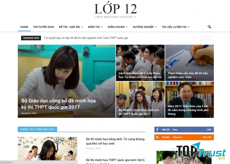 Giao diện trang chủ của Lop12.edu.vn
