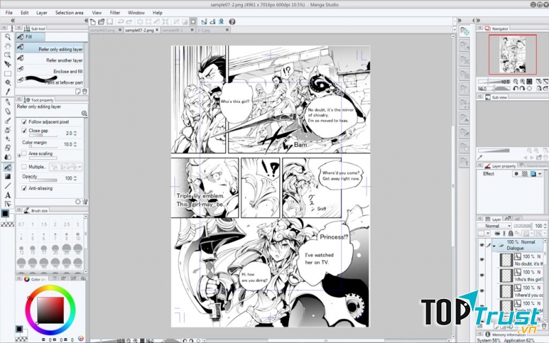 Giao diện Manga Studio và một trang truyện tranh vẽ bởi Manga Studio