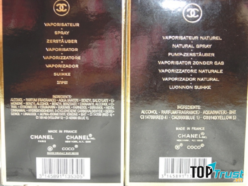 Mặt sau hộp đựng nước hoa: Bên Trái là Thật – Bên Phải là Giả