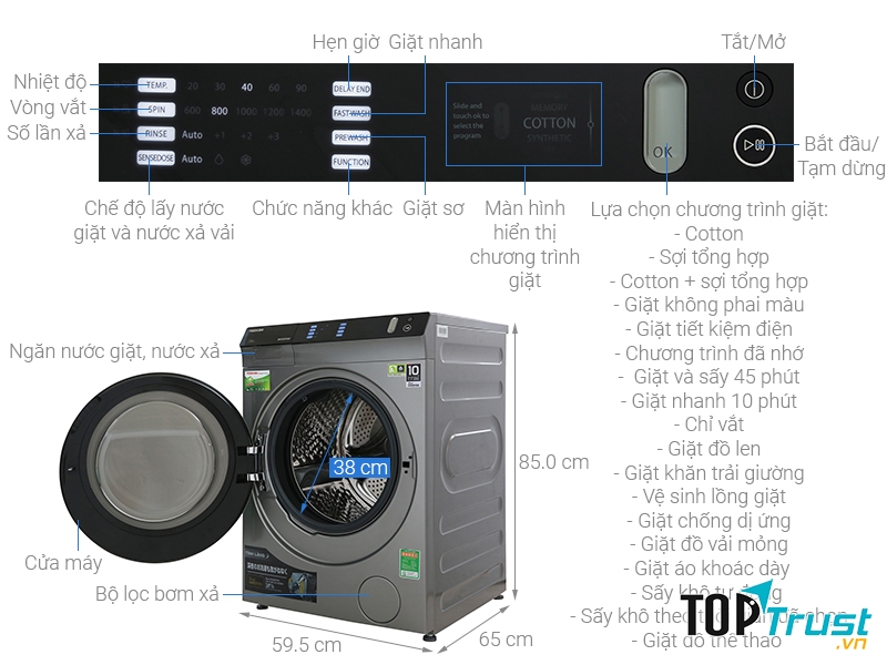 Máy giặt sấy Toshiba Inverter 8 Kg TWD-BH90W4V (SK)