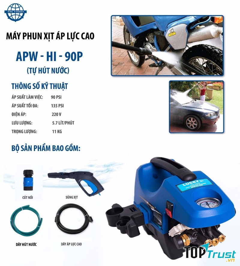 Máy Rửa Xe Gia Đình Lucky Jet HI-90P Động Cơ Tụ và Tự Hút Nước - APW-HI-90P