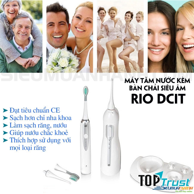 Máy tăm nước kèm bàn chải siêu âm Rio DCIT giúp làm sạch răng và nướu một cách nhanh chóng giúp răng lợi của bạn luôn khỏe mạnh.