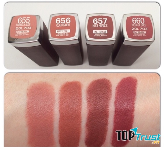 Swatch maybelline Clay Crush- swatch thứ 2 từ bên trái qua (nguồn internet)
