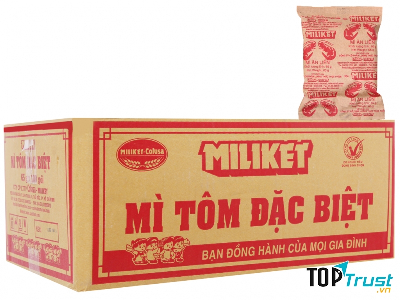 Thùng 100 gói mì tôm đặc biệt Miliket giấy vàng 65g
